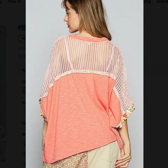 POL NEW Hollow Out Floral Half Sleeve Knit Top in coral - small - Picture 3 of 7
